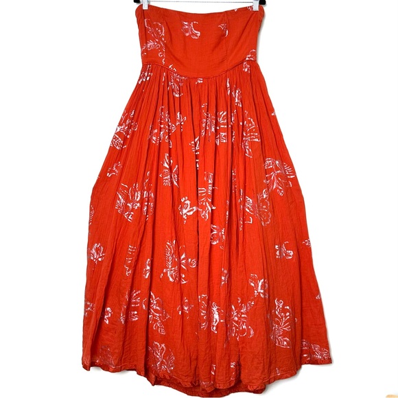 Free People Baja Babe Copper Boho Gilded Floral Crinkle Strapless Maxi Dress - Picture 3 of 12